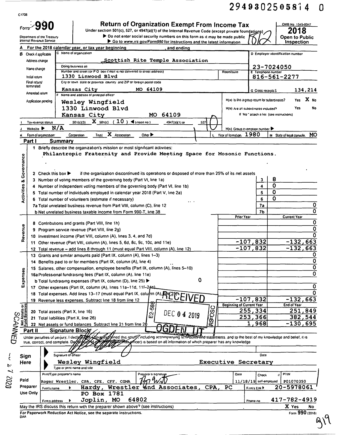 Image of first page of 2018 Form 990O for Scottish Rite Temple Association