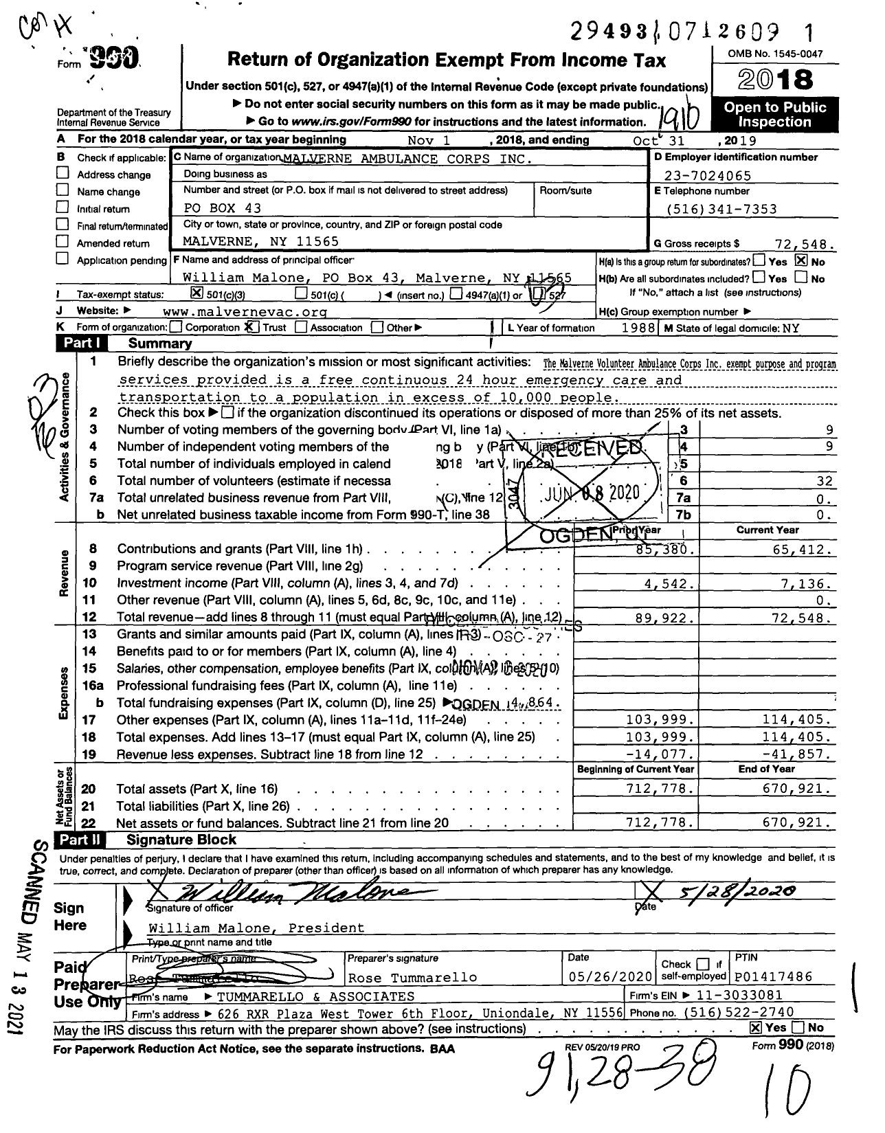 Image of first page of 2018 Form 990 for Malverne Volunteer Ambulance Corps