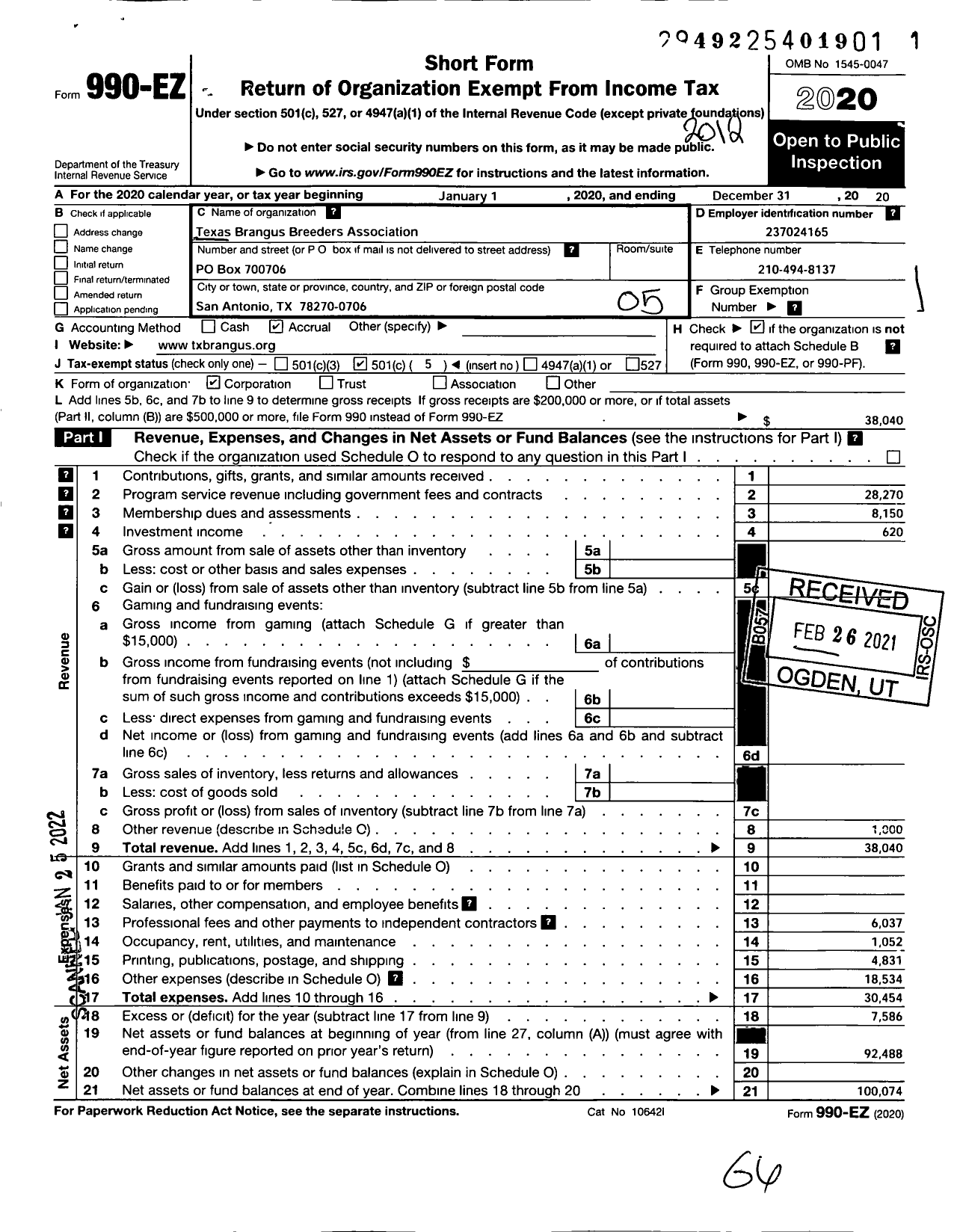 Image of first page of 2020 Form 990EO for Texas Brangus Breeders Association