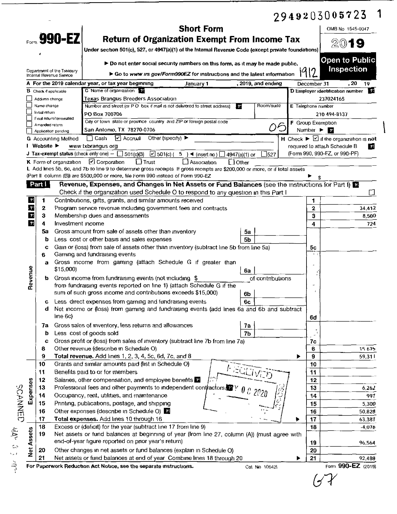 Image of first page of 2019 Form 990EO for Texas Brangus Breeders Association