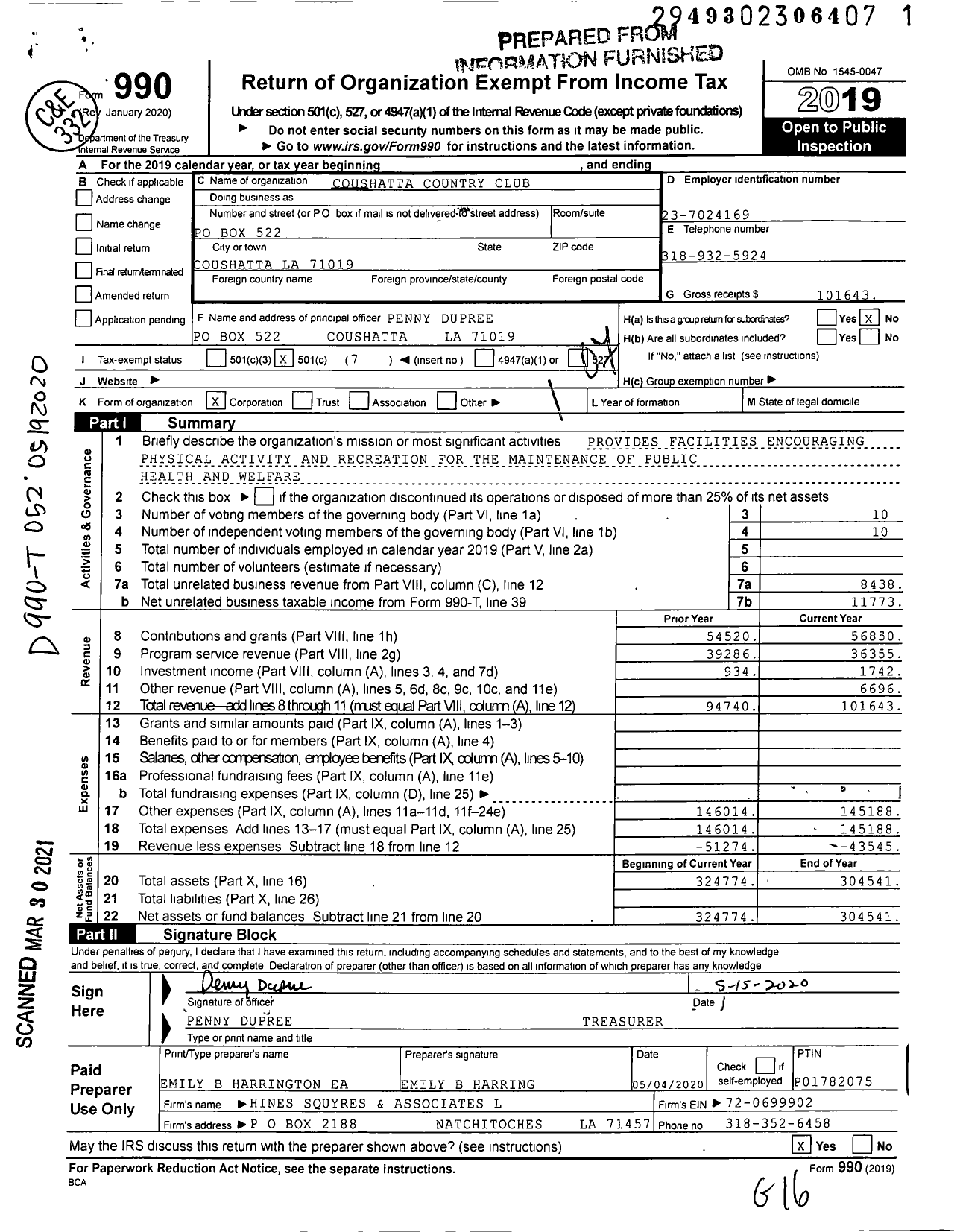 Image of first page of 2019 Form 990O for Coushatta Country Club