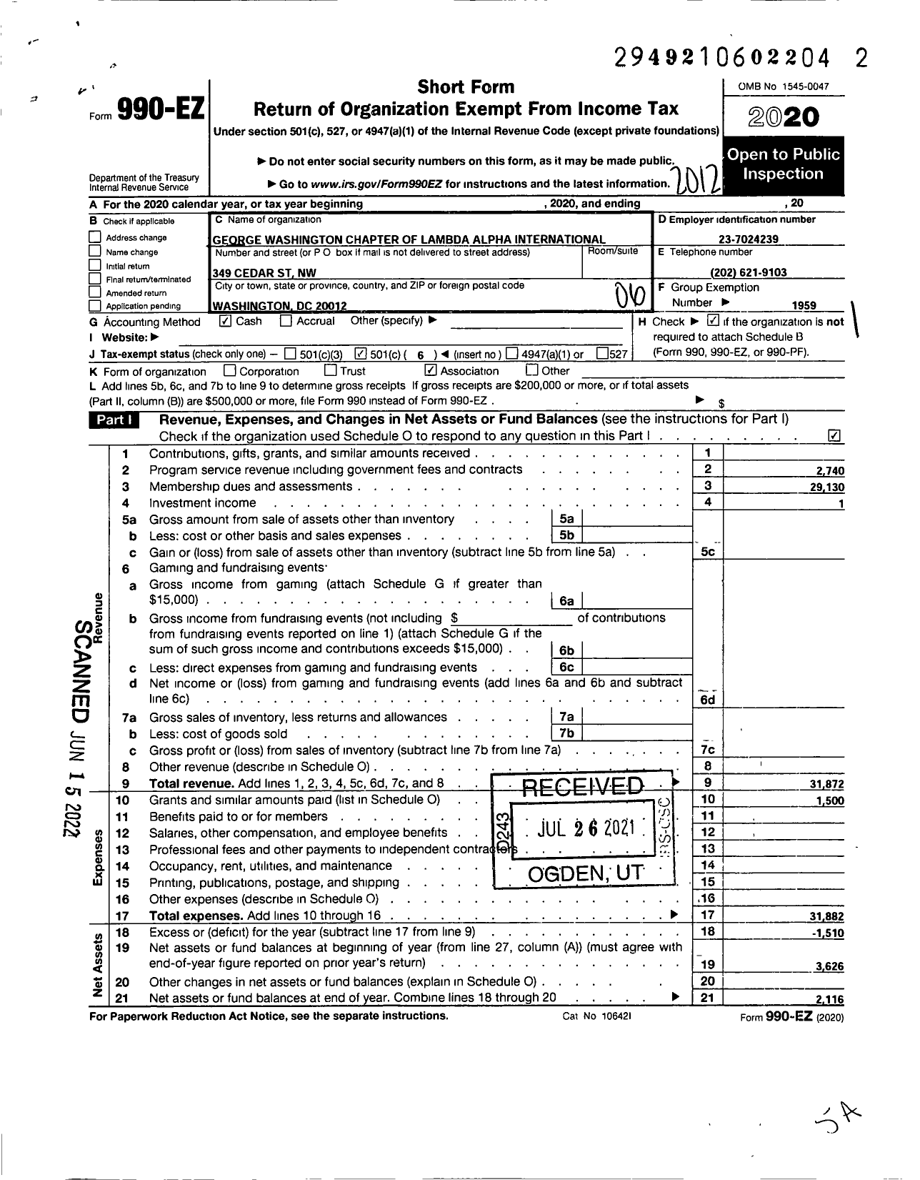 Image of first page of 2020 Form 990EO for Lambda Alpha International / George Washington Chapter