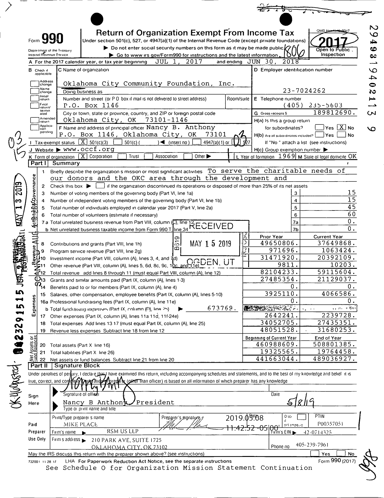 Image of first page of 2017 Form 990 for Oklahoma City Community Foundation (OCCF)