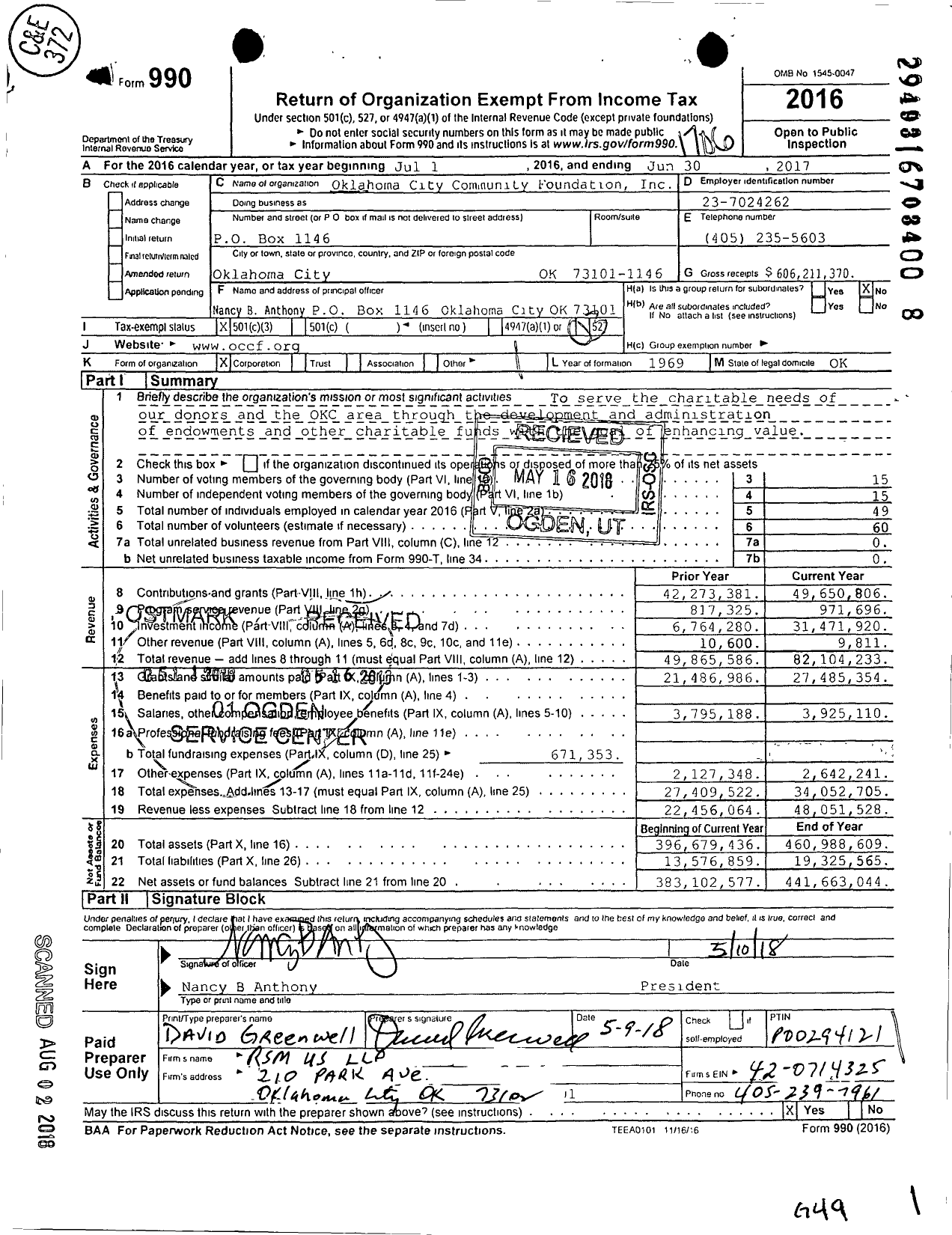 Image of first page of 2016 Form 990 for Oklahoma City Community Foundation (OCCF)