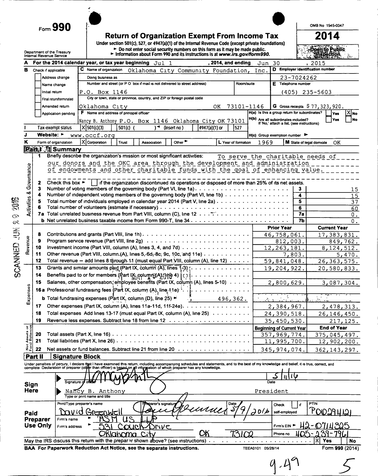 Image of first page of 2014 Form 990 for Oklahoma City Community Foundation (OCCF)