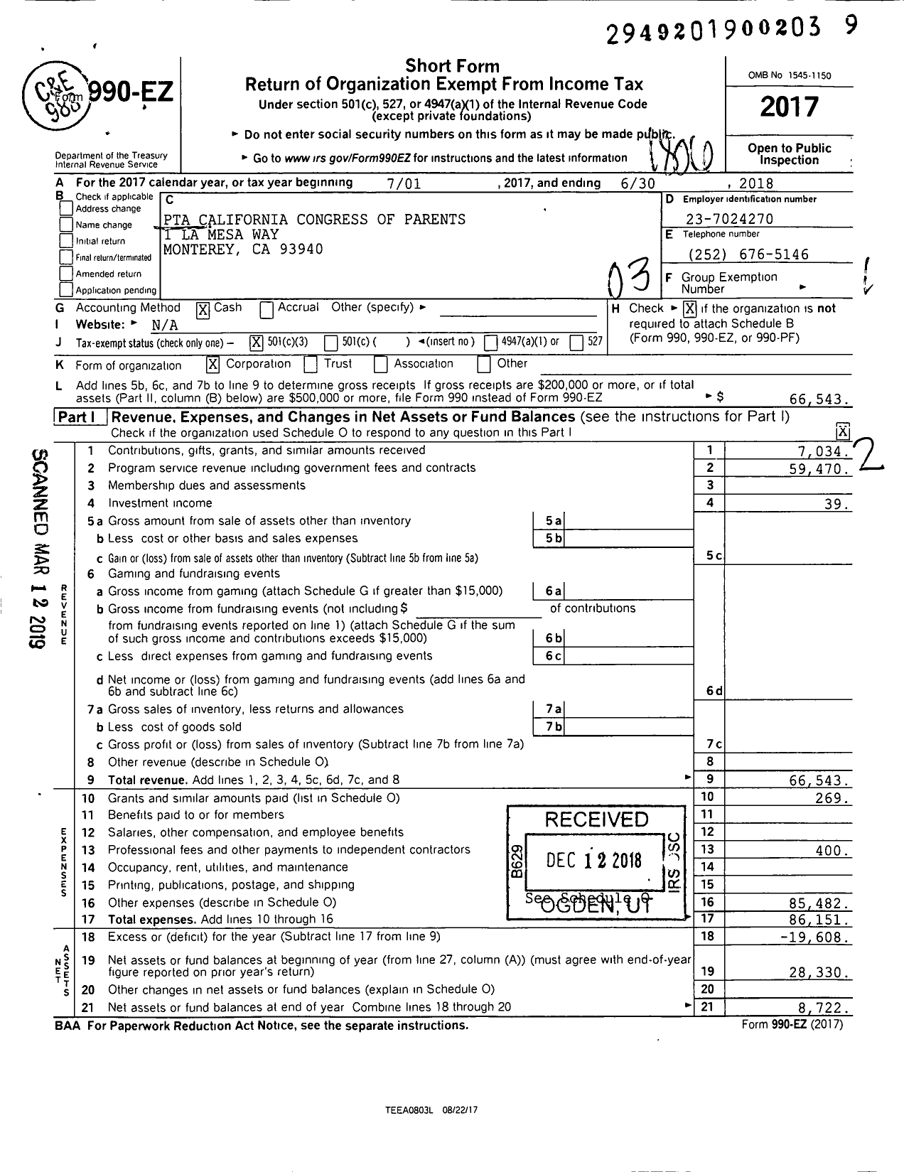 Image of first page of 2017 Form 990EZ for California State PTA - La Mesa Elementary PTA