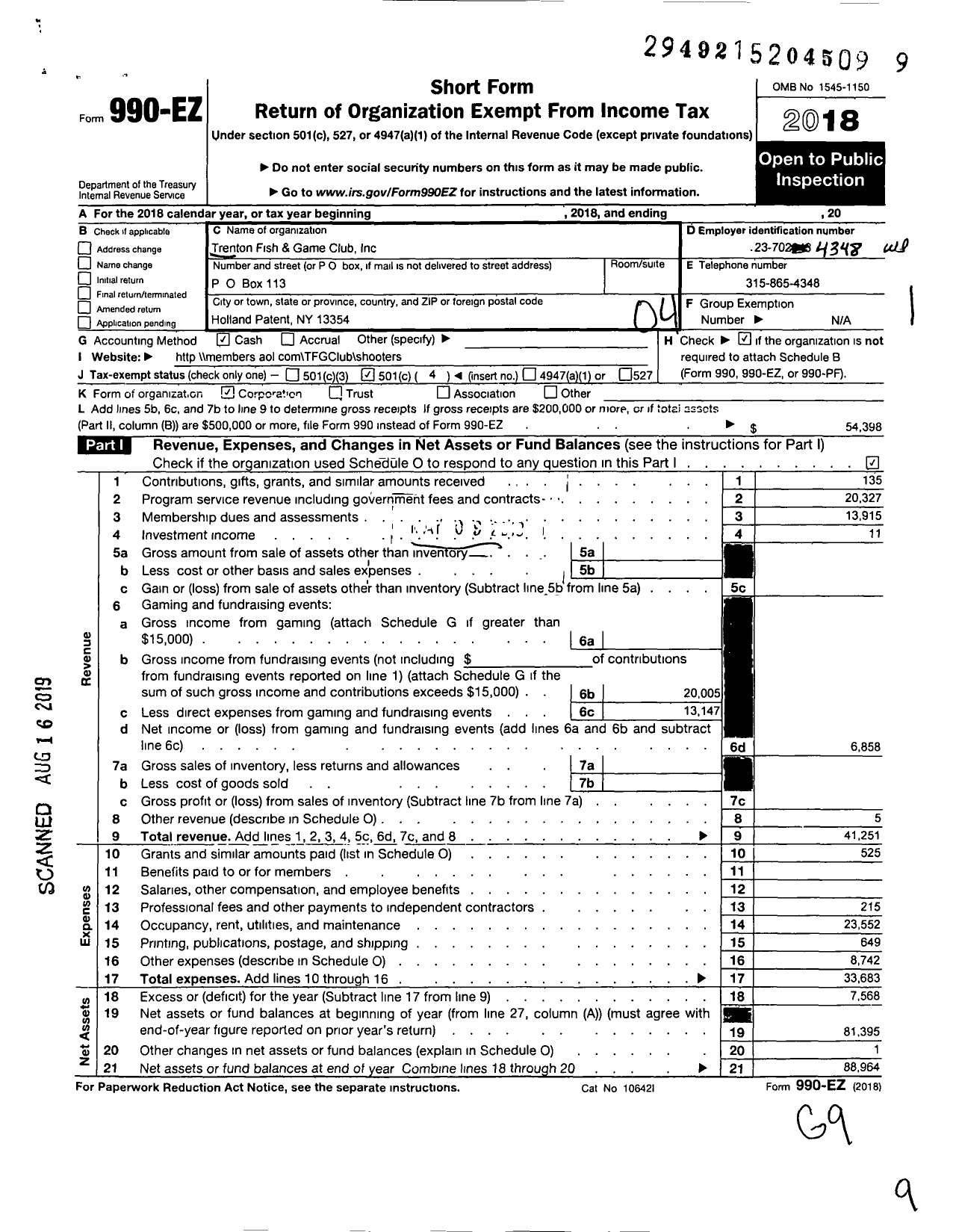 Image of first page of 2018 Form 990EO for Trenton Fish and Game Club