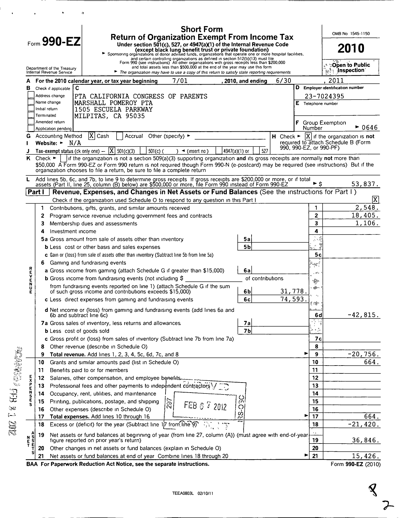 Image of first page of 2010 Form 990EZ for California State PTA - Marshall Pomeroy Elementary PTA