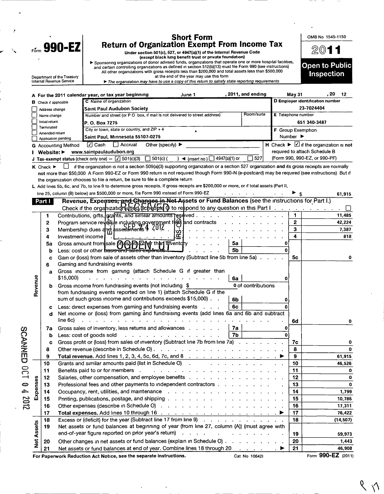 Image of first page of 2011 Form 990EZ for St Paul Audubon Society