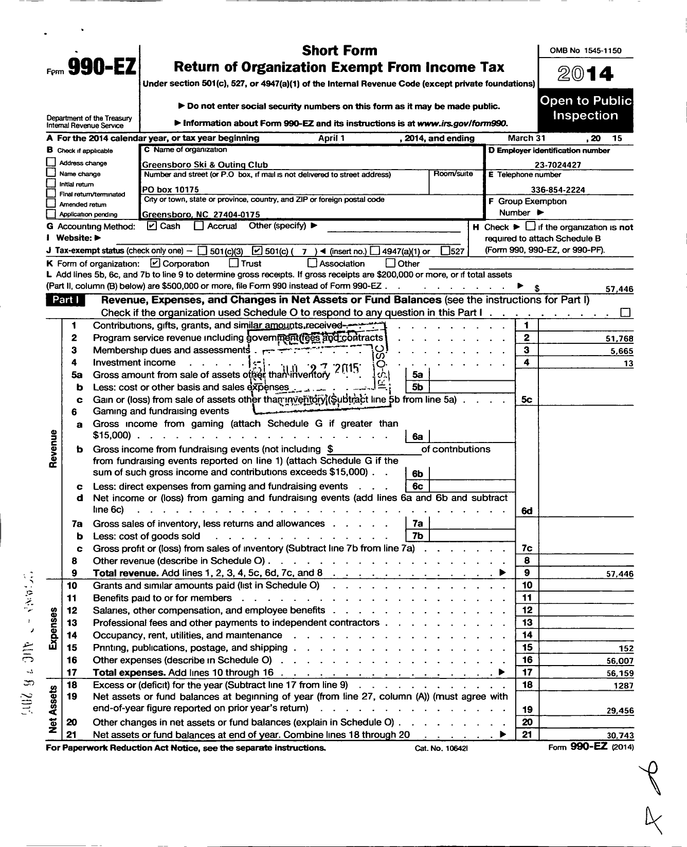 Image of first page of 2014 Form 990EO for Greensboro Ski and Outing Club