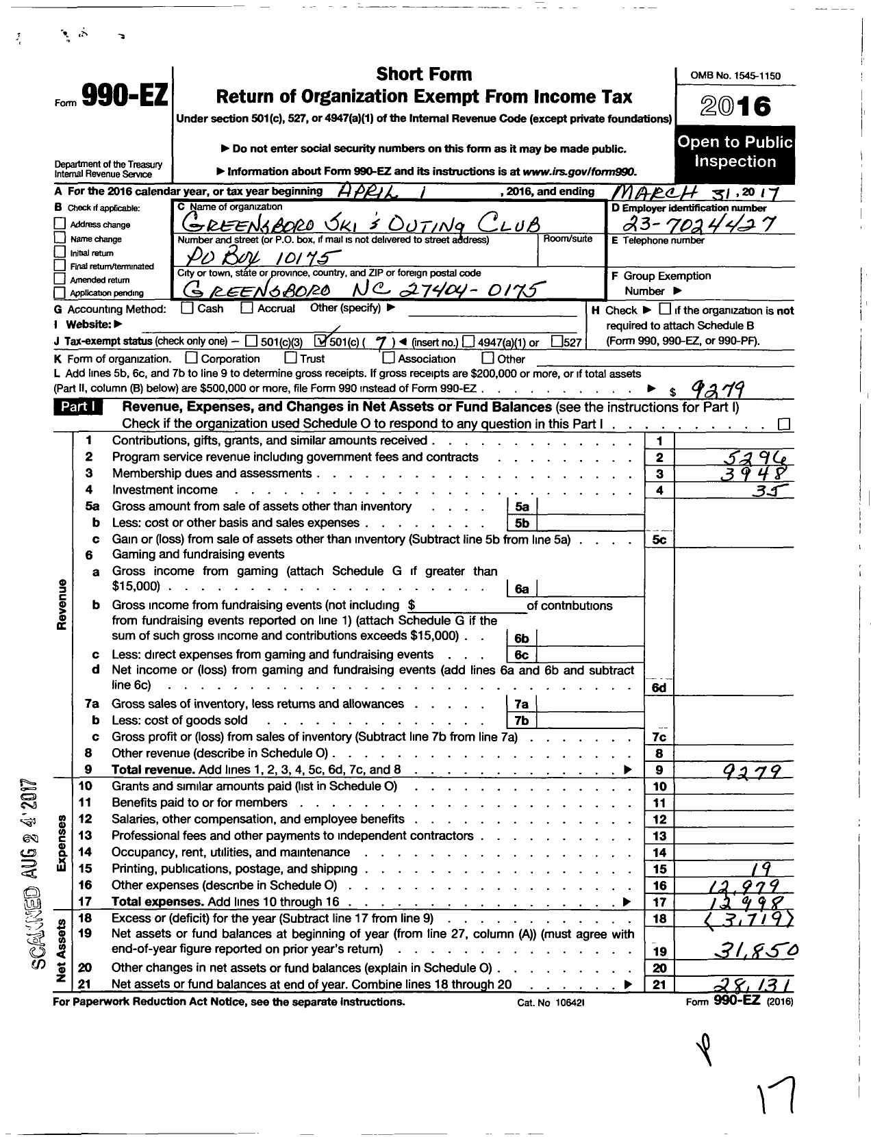 Image of first page of 2016 Form 990EO for Greensboro Ski and Outing Club