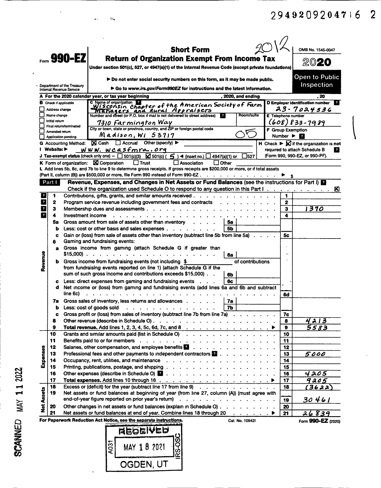 Image of first page of 2020 Form 990EO for Wisconsin Chapter of the American Society of Farm Managers and Rural