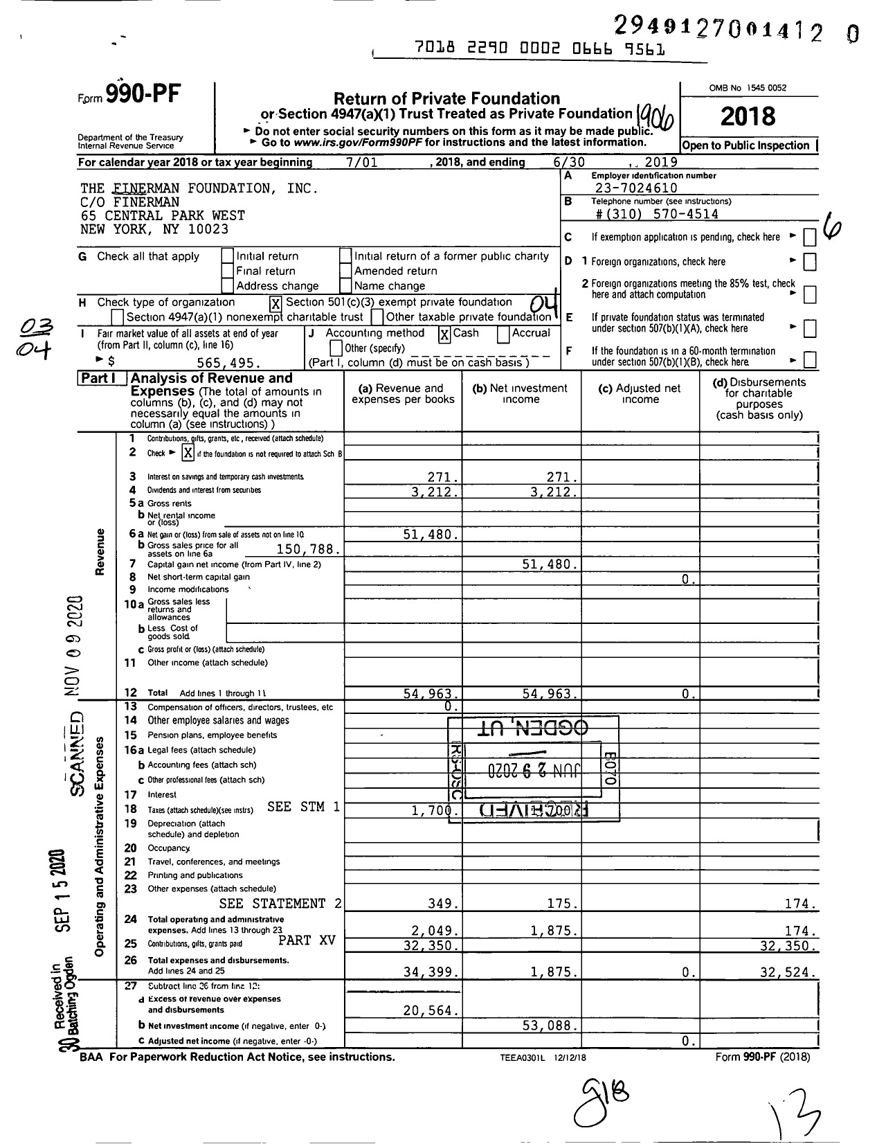 Image of first page of 2018 Form 990PF for Finerman Foundation