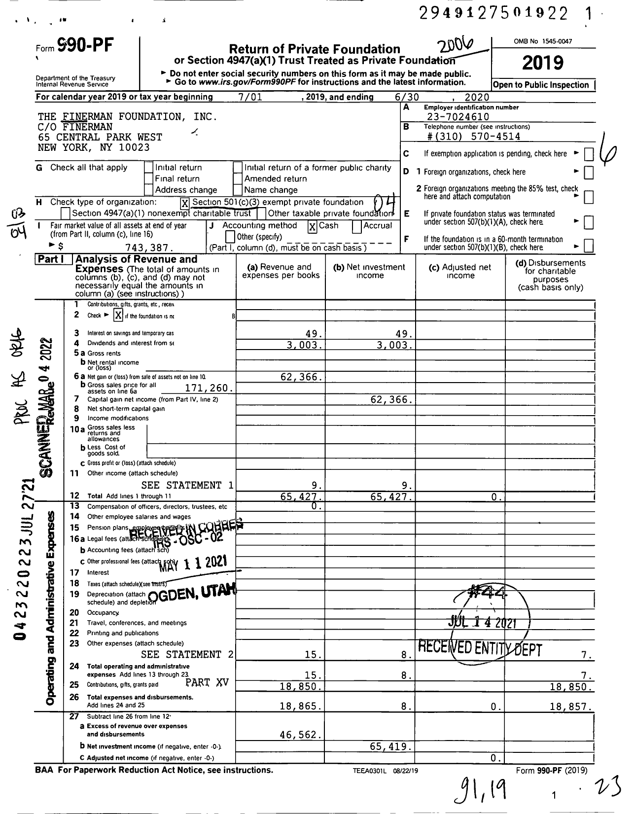 Image of first page of 2019 Form 990PF for Finerman Foundation