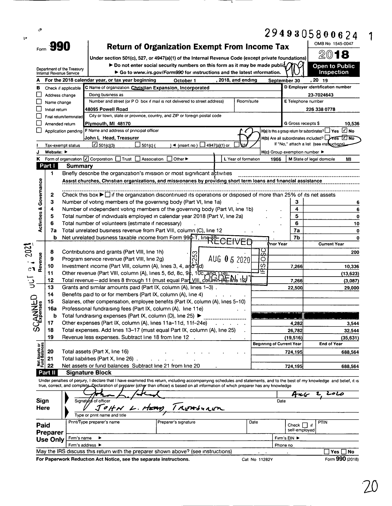 Image of first page of 2018 Form 990 for Christian Expansion