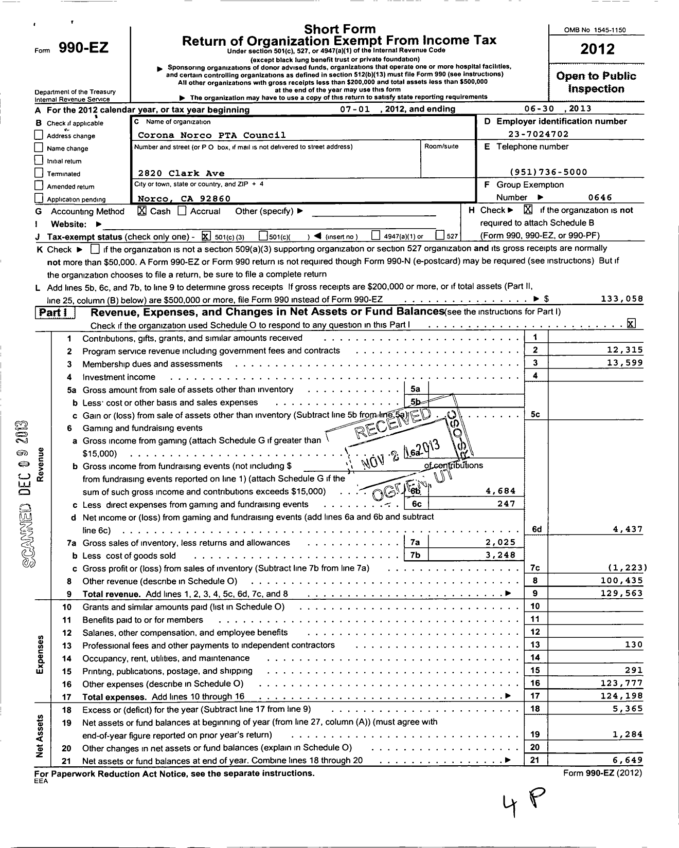 Image of first page of 2012 Form 990EZ for California State PTA - Corona-Norco Council PTA