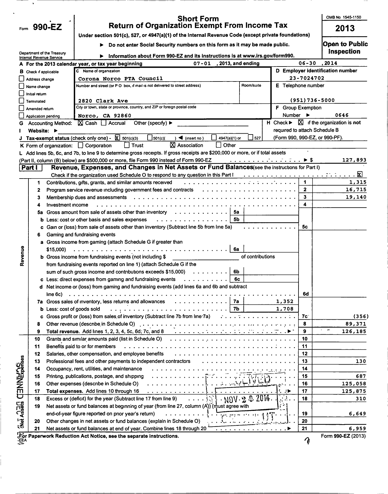 Image of first page of 2013 Form 990EZ for California State PTA - Corona-Norco Council PTA