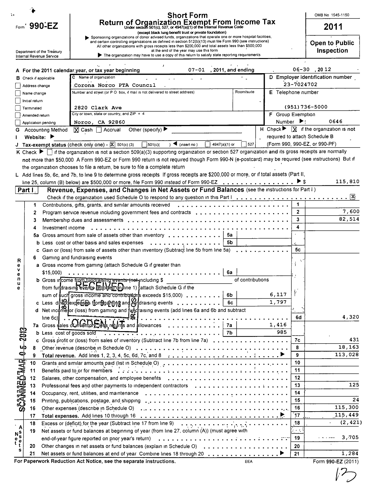 Image of first page of 2011 Form 990EZ for California State PTA - Corona-Norco Council PTA