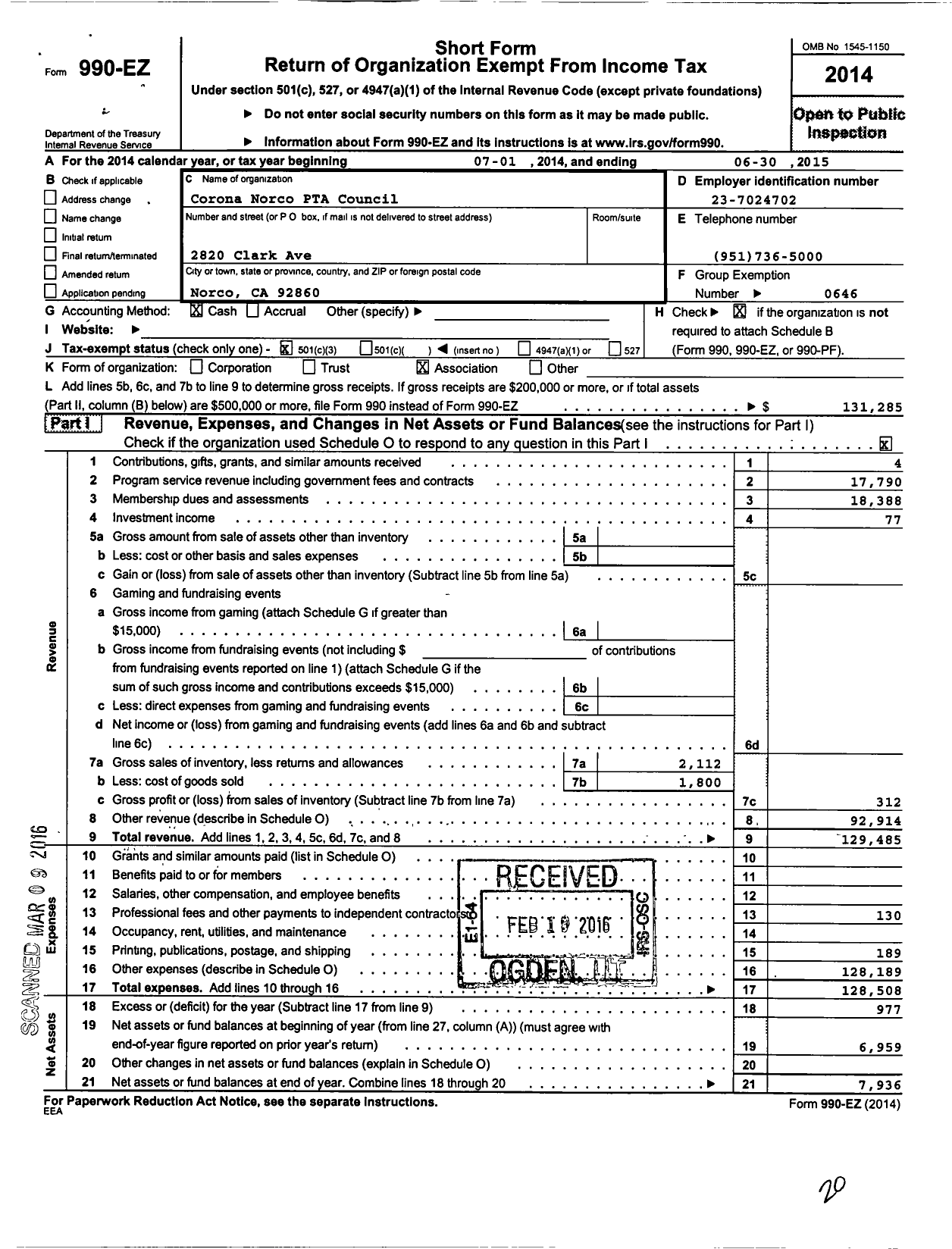 Image of first page of 2014 Form 990EZ for California State PTA - Corona-Norco Council PTA