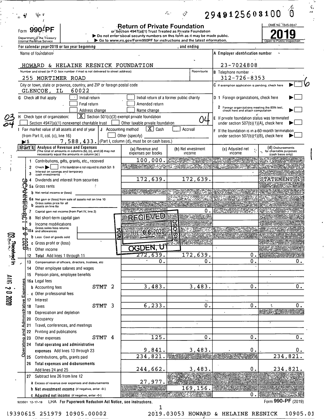 Image of first page of 2019 Form 990PR for Howard & Helaine Resnick Foundation