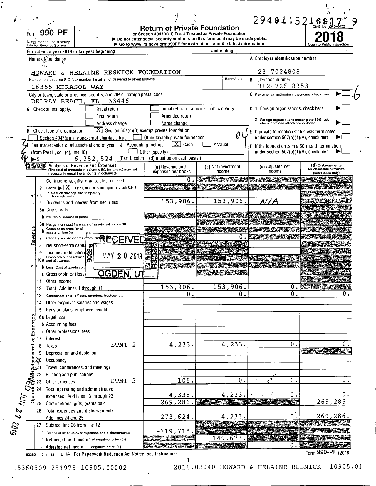 Image of first page of 2018 Form 990PF for Howard & Helaine Resnick Foundation