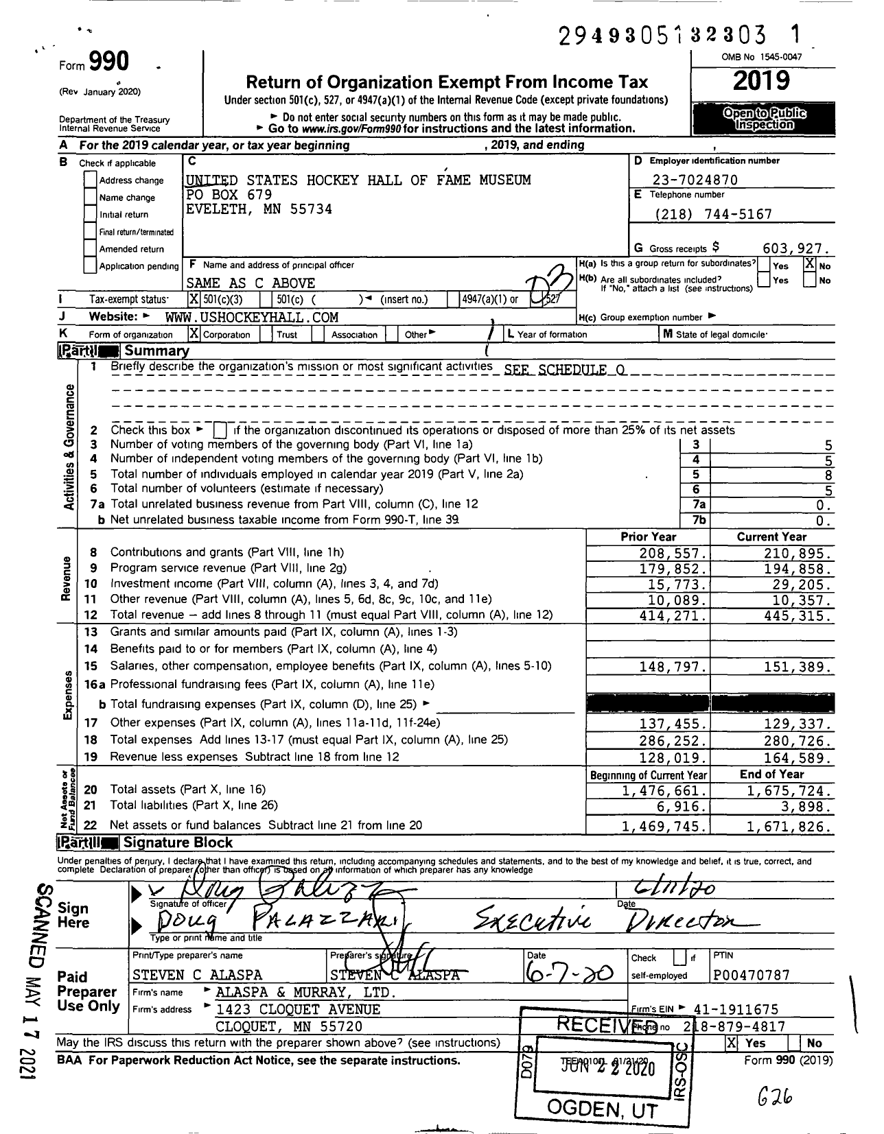 Image of first page of 2019 Form 990 for United States Hockey Hall of Fame Museum