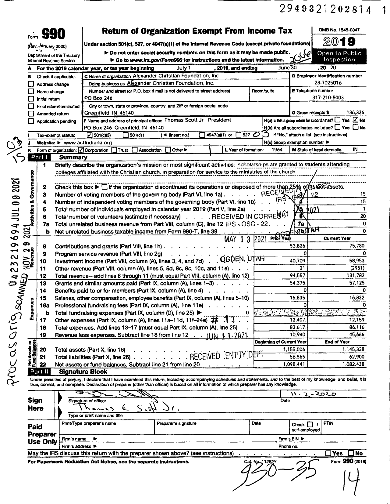 Image of first page of 2019 Form 990 for Alexander Christian Foundation