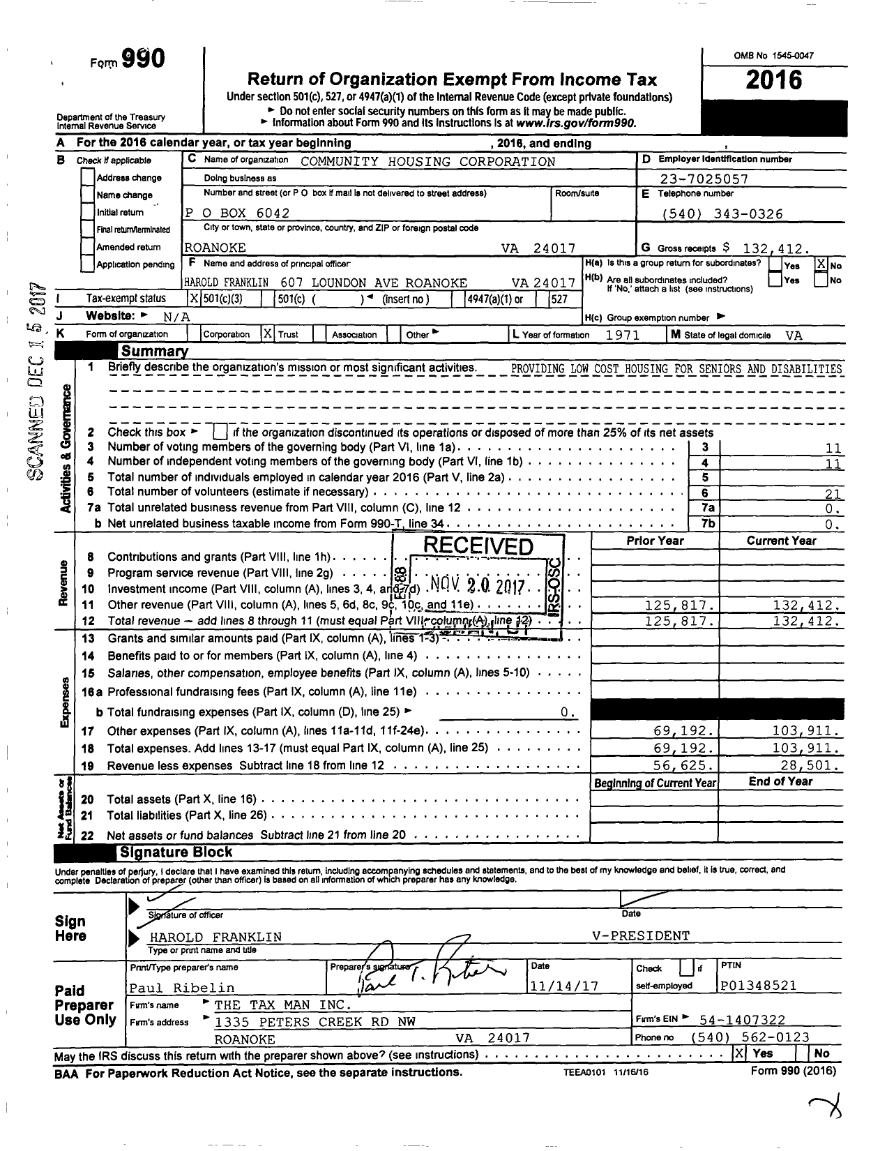 Image of first page of 2016 Form 990 for Community Housing Corporation