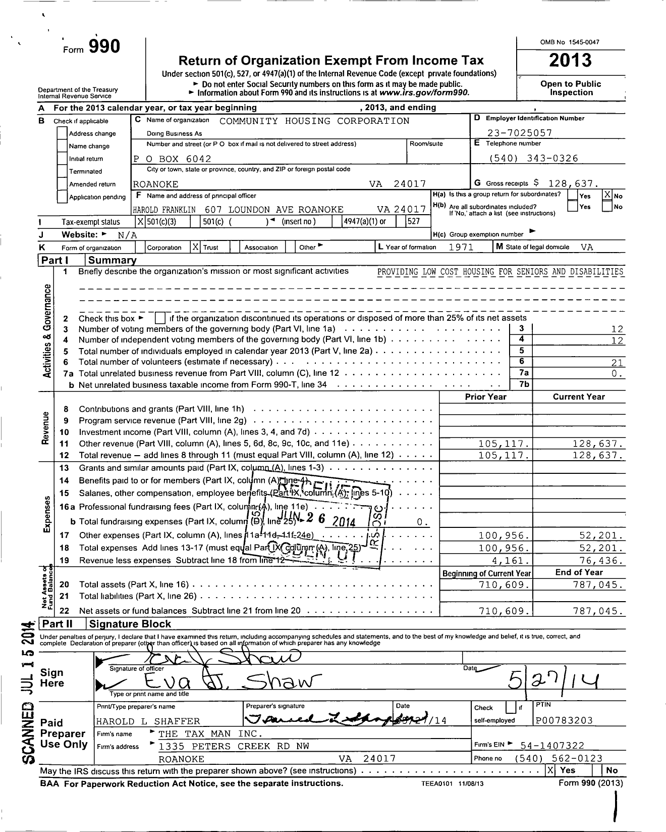 Image of first page of 2013 Form 990 for Community Housing Corporation