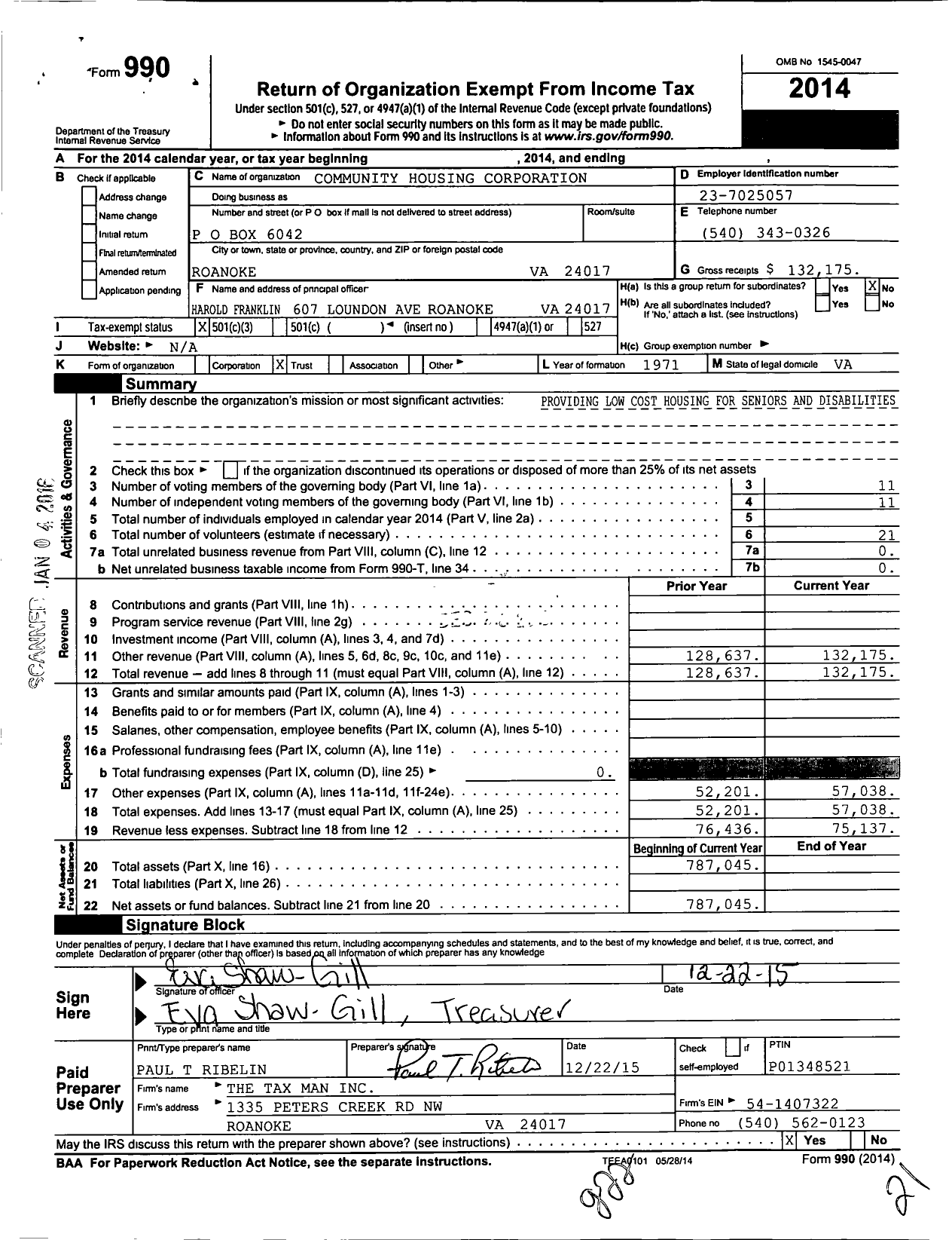 Image of first page of 2014 Form 990 for Community Housing Corporation