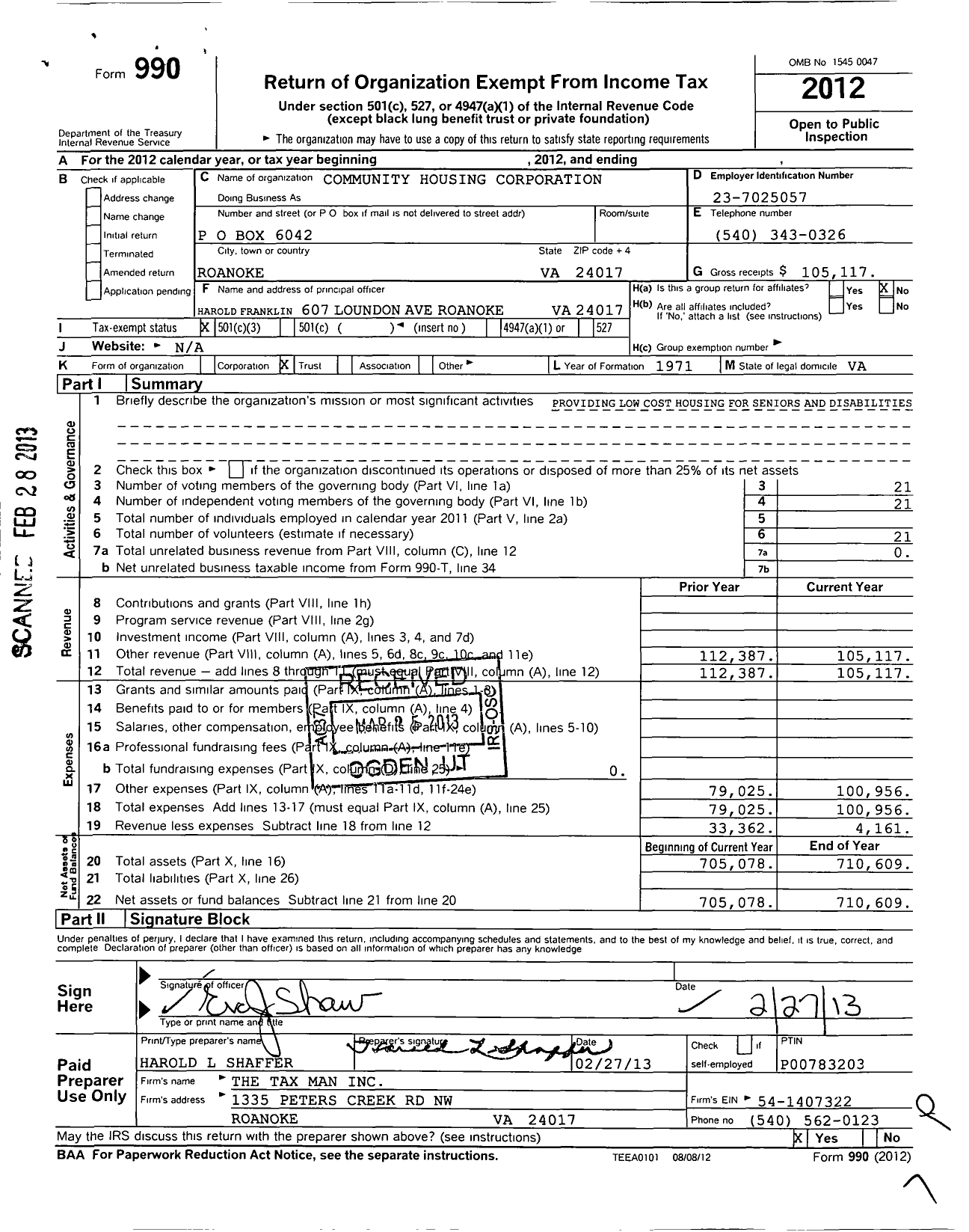 Image of first page of 2012 Form 990 for Community Housing Corporation