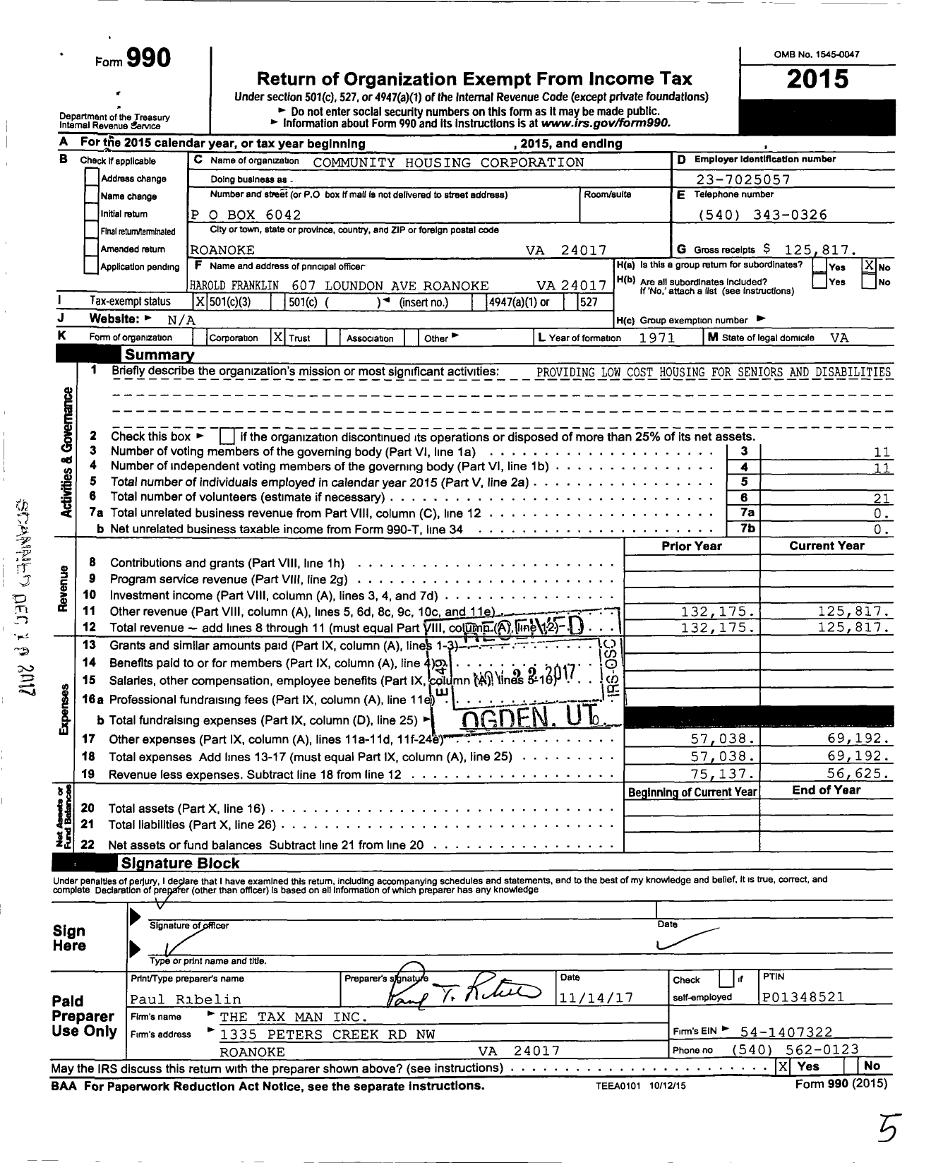 Image of first page of 2015 Form 990 for Community Housing Corporation