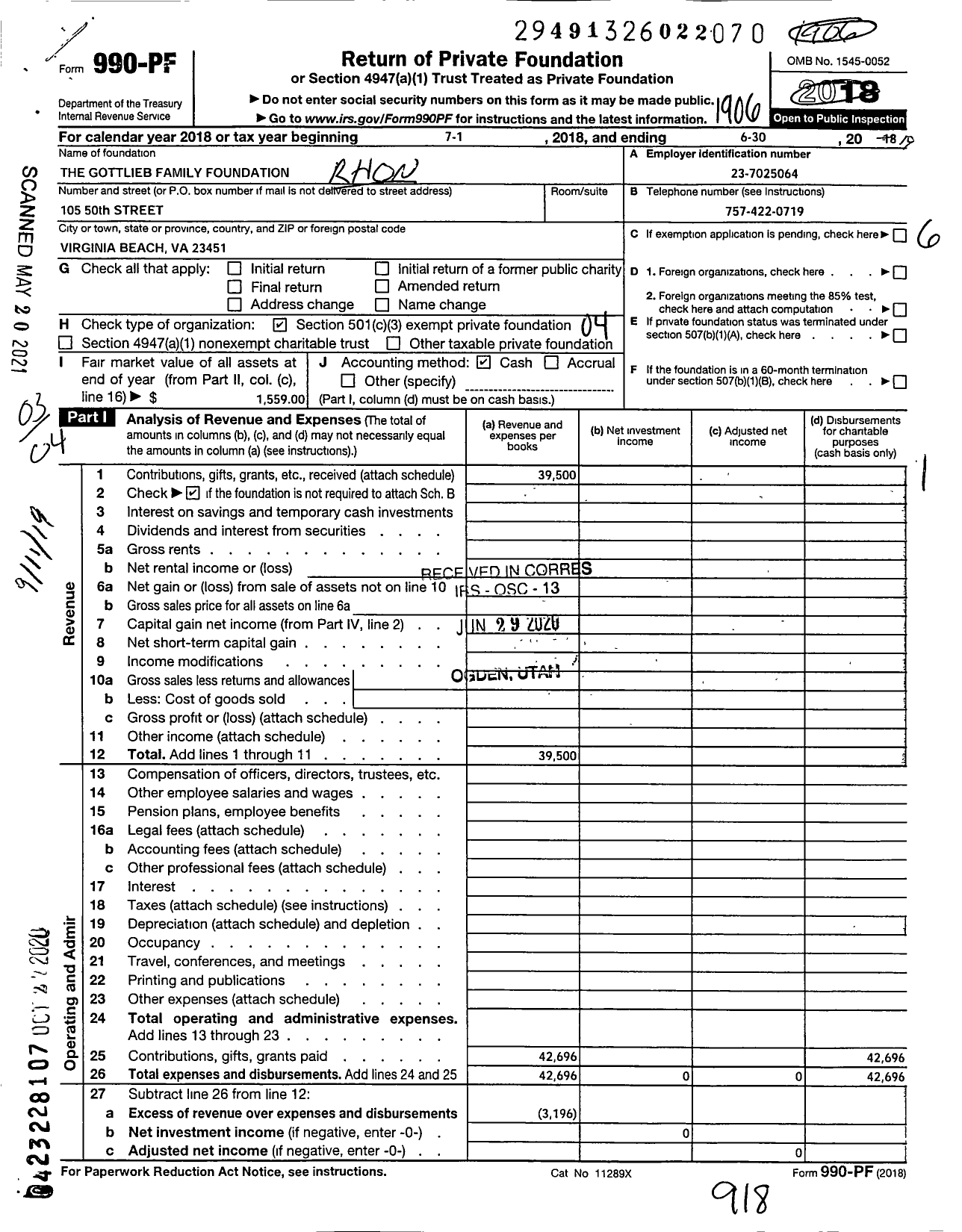 Image of first page of 2018 Form 990PF for The Gottlieb Family Foundation