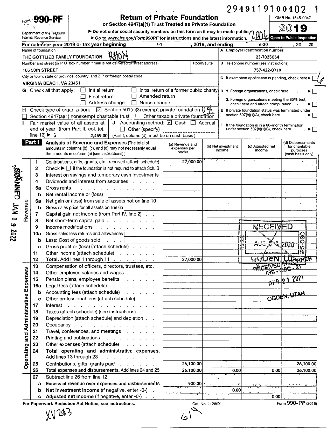 Image of first page of 2019 Form 990PF for The Gottlieb Family Foundation