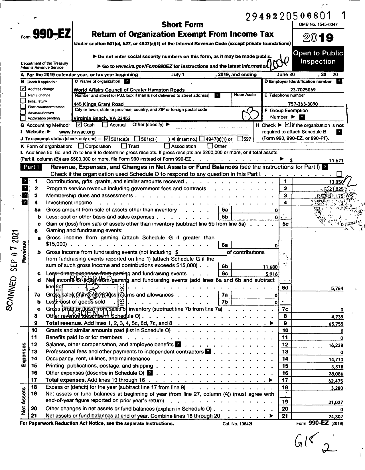 Image of first page of 2019 Form 990EZ for World Affairs Council of Hampton Roads