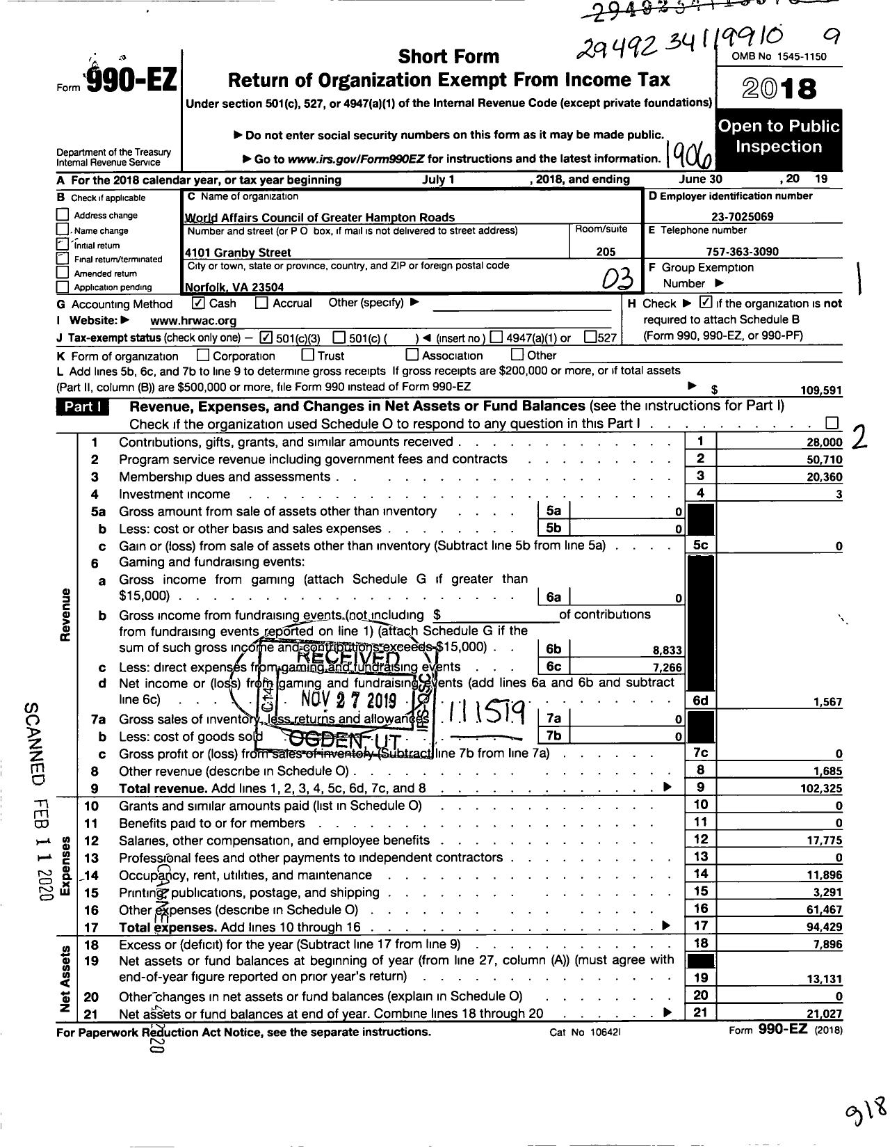 Image of first page of 2018 Form 990EZ for World Affairs Council of Hampton Roads