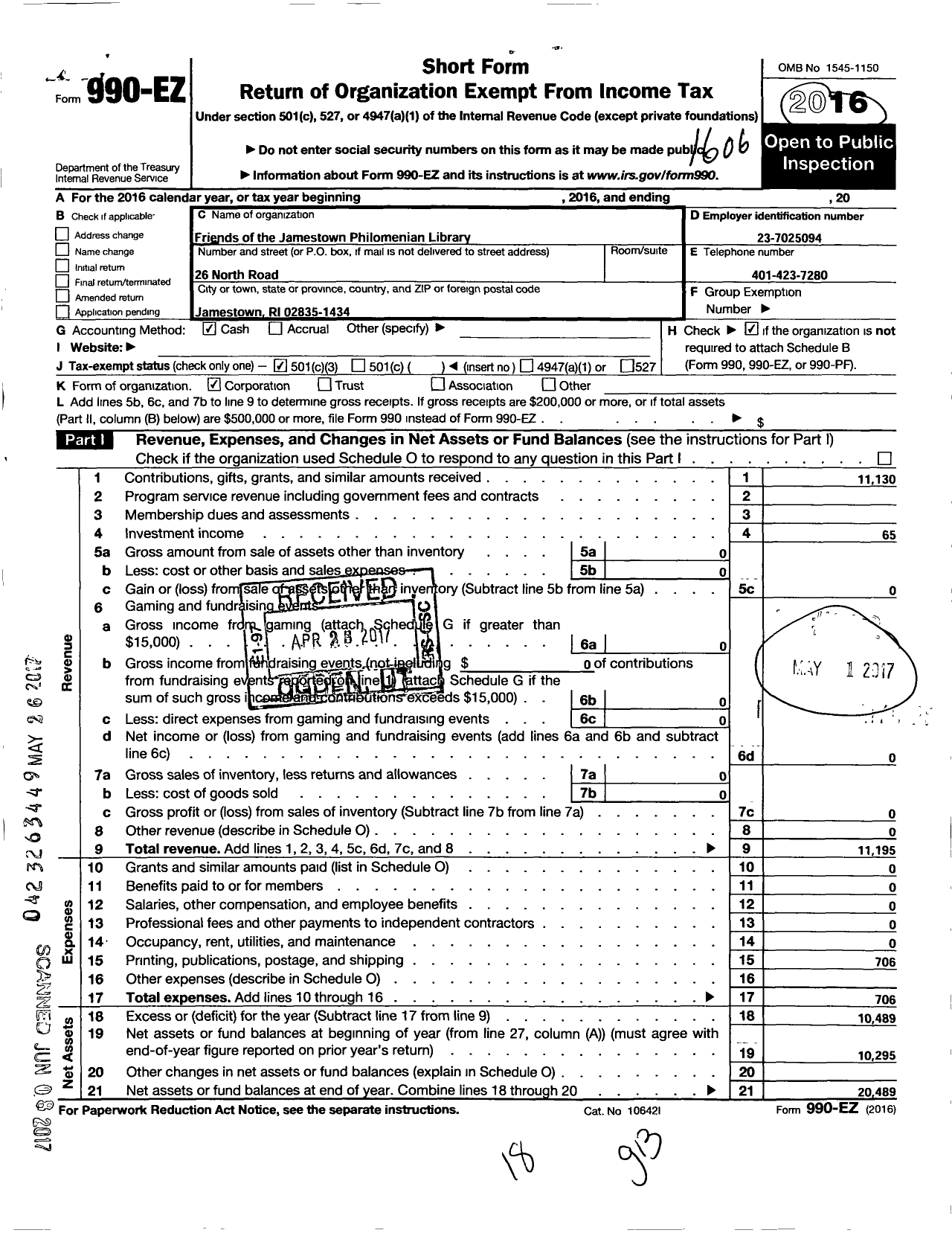 Image of first page of 2016 Form 990EZ for Friends of the Jamestown Philomenian Library