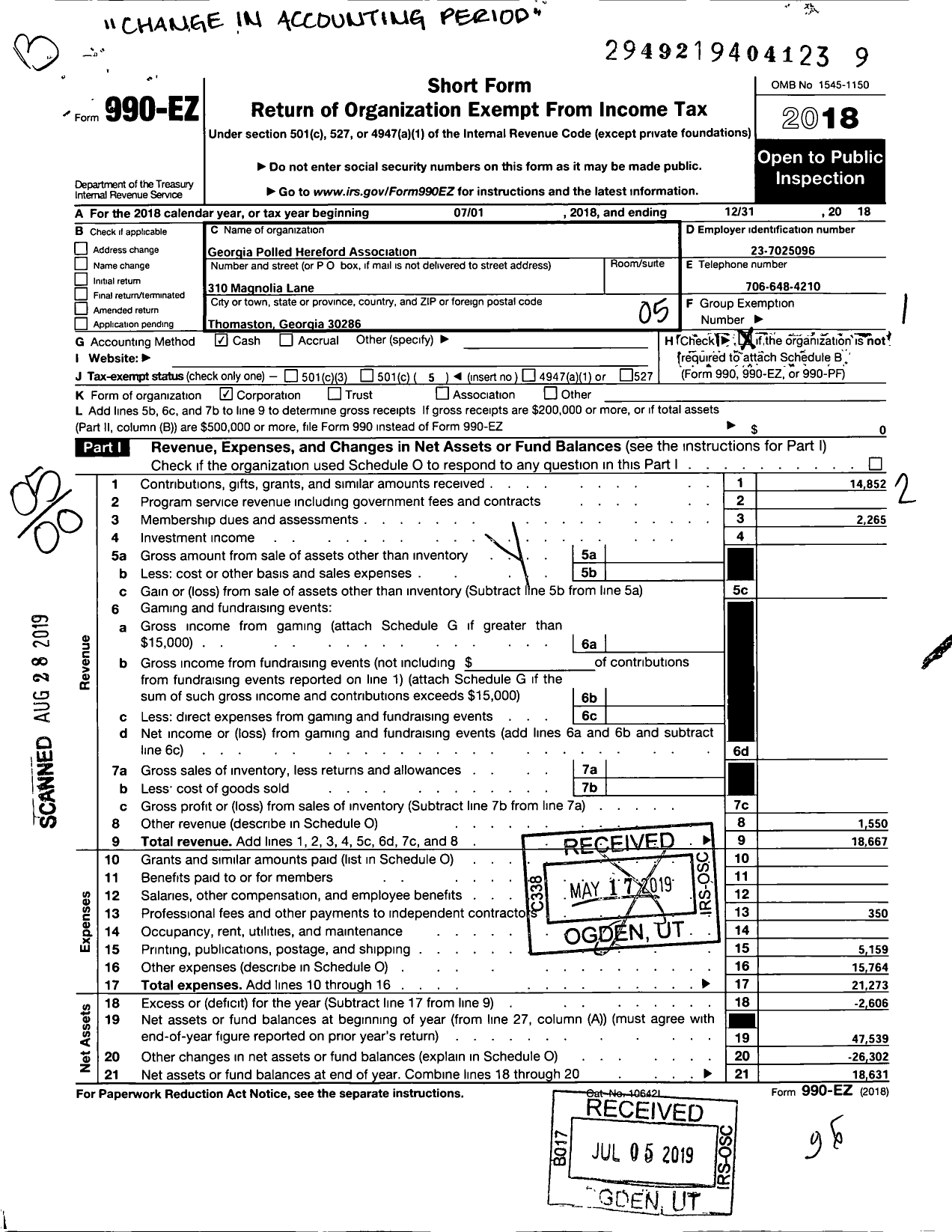 Image of first page of 2018 Form 990EO for Georgia Hereford Association