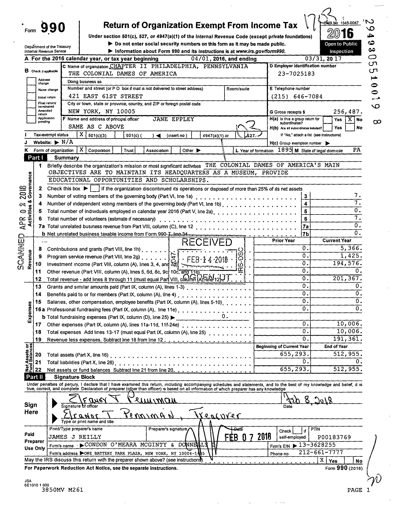 Image of first page of 2016 Form 990 for Colonial Dames of America / Ii Philadelphia Chapter