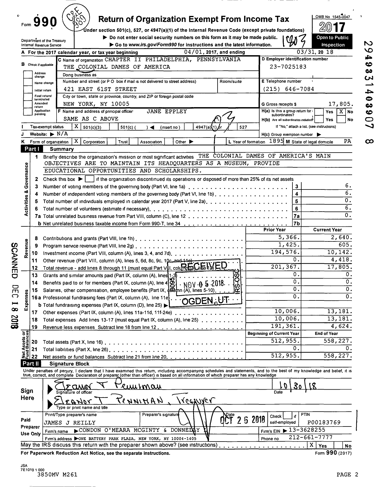 Image of first page of 2017 Form 990 for Colonial Dames of America / Ii Philadelphia Chapter