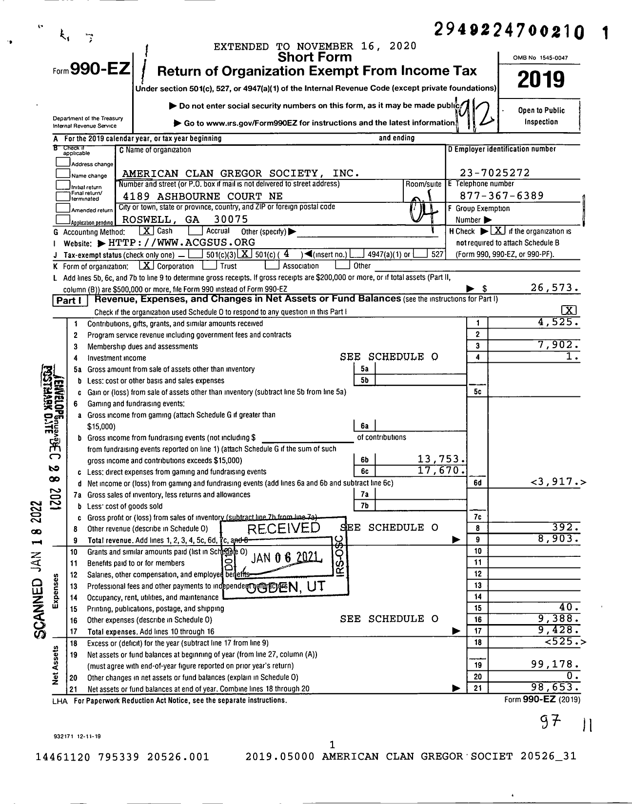 Image of first page of 2019 Form 990EO for American Clan Gregor Society