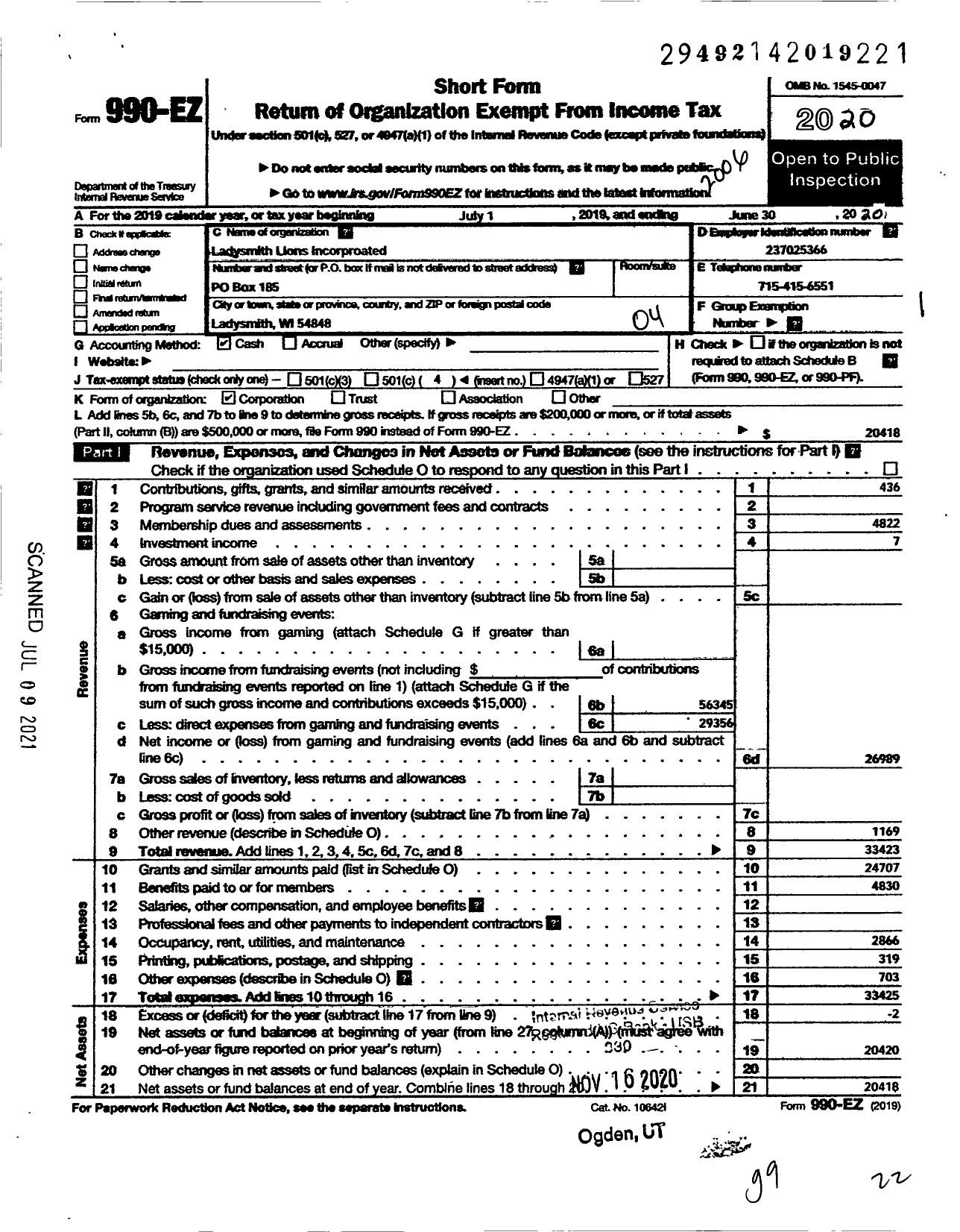 Image of first page of 2019 Form 990EO for Lions Clubs - 10707 Ladysmith