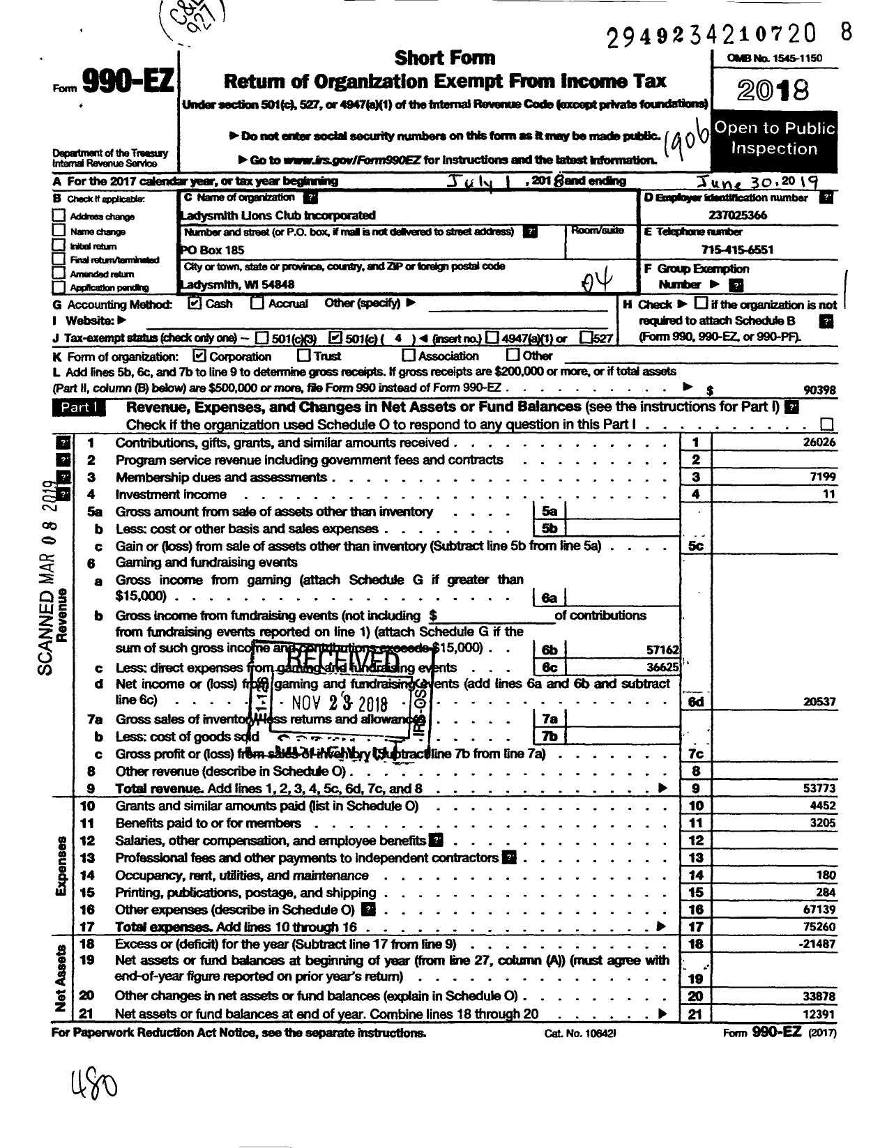 Image of first page of 2018 Form 990EO for Lions Clubs - 10707 Ladysmith