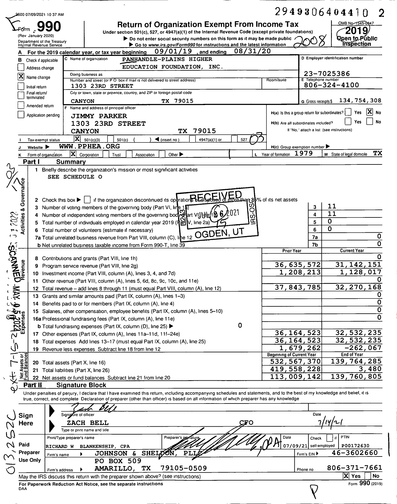 Image of first page of 2019 Form 990 for Panhandle-Plains Higher Education Foundation (PPHEA)