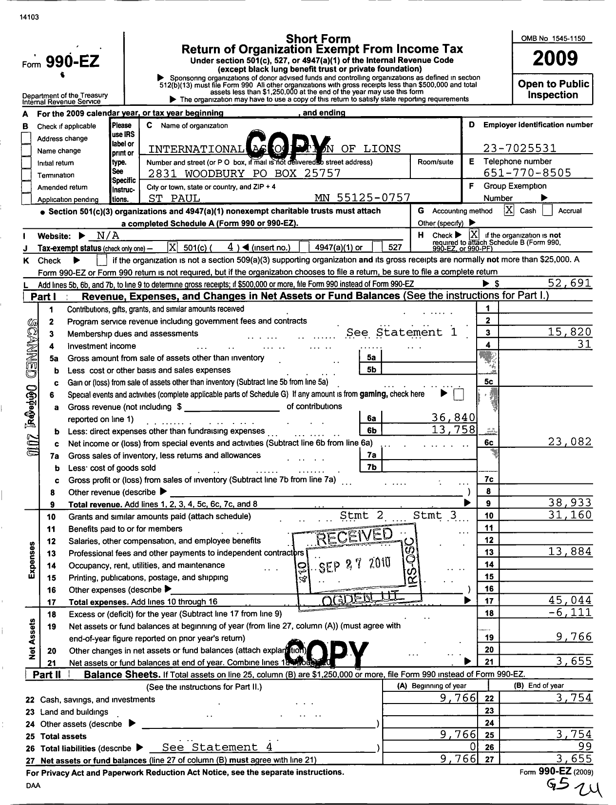Image of first page of 2009 Form 990EO for Lions Clubs - 2831 Woodbury