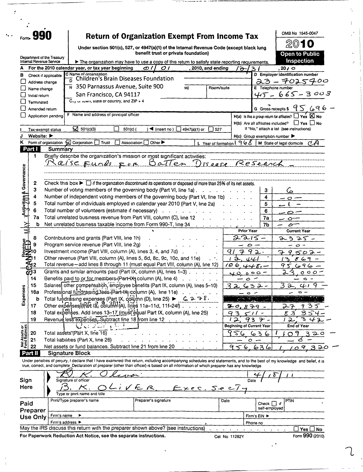 Image of first page of 2020 Form 990 for Children's Brain Disease Foundation