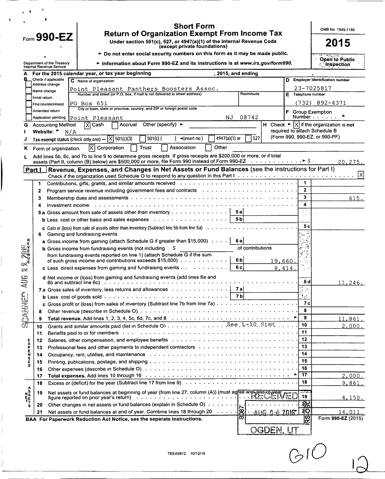 Image of first page of 2015 Form 990EZ for Point Pleasant Panthers Boosters