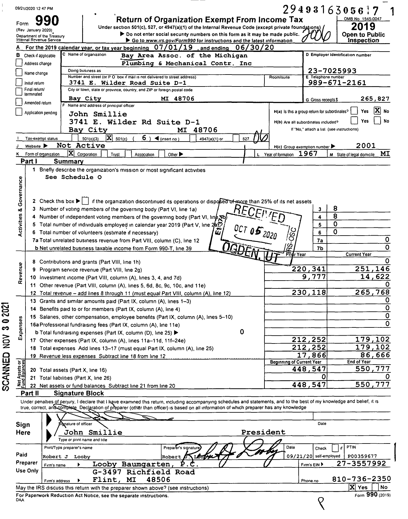 Image of first page of 2019 Form 990O for Bay Area Association of the Michigan Plumbing and Mechanical Contr