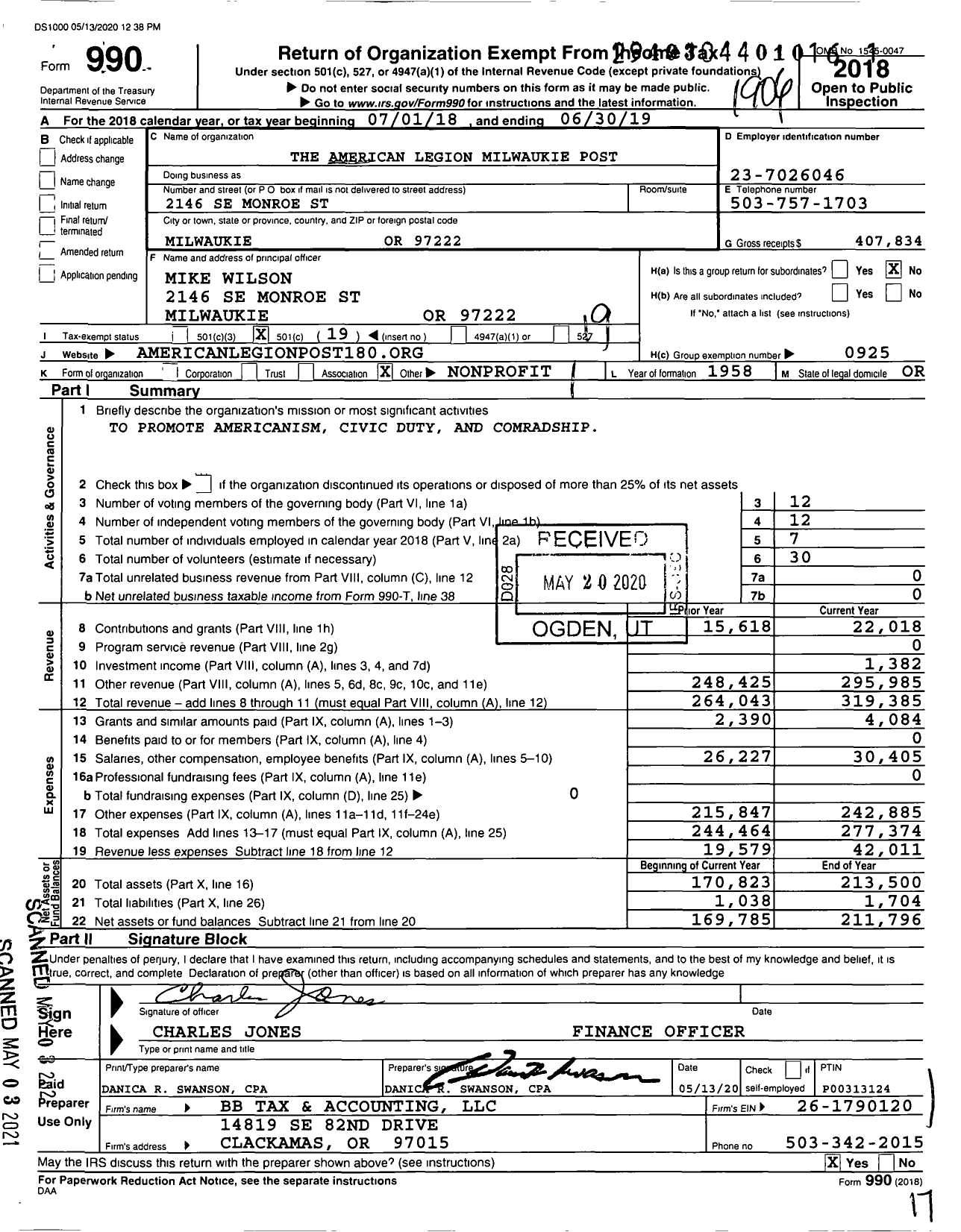 Image of first page of 2018 Form 990O for American Legion Milwaukie Post No 180