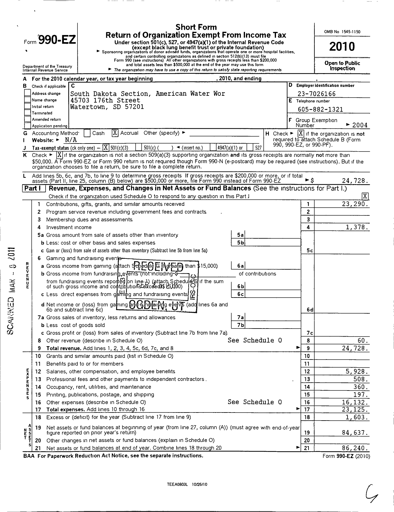 Image of first page of 2010 Form 990EZ for American Water Works Association / South Dakota Section